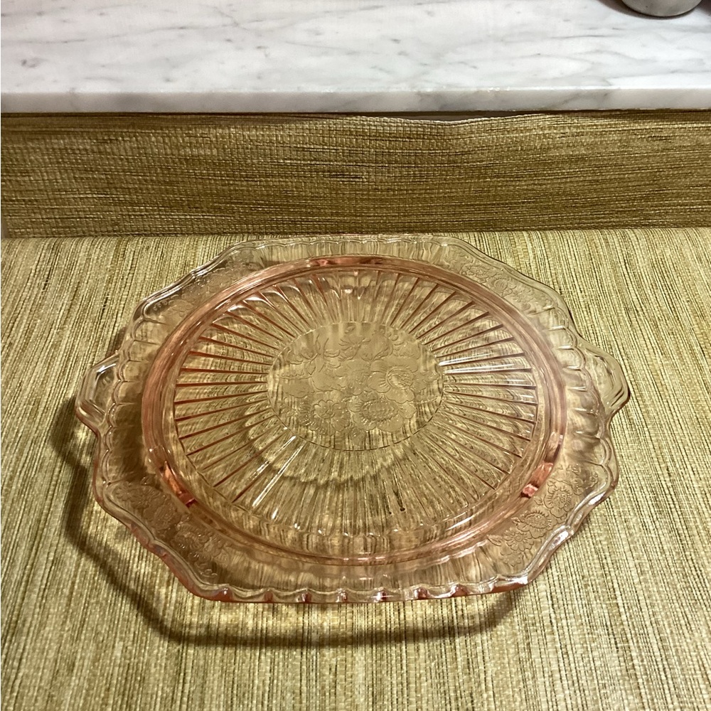 Vintage Pink Depression Glass Serving Cake Plate 11” Pedestal style